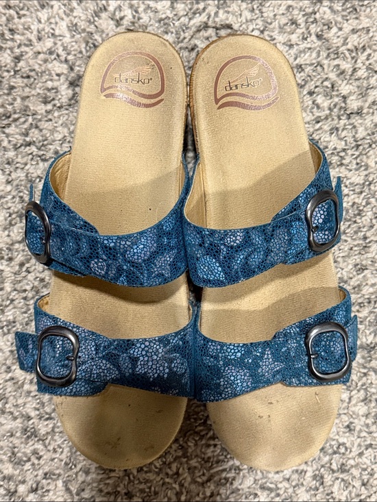 Dansko Shoes - Dansko Teal Patterned Dual-Buckle Slide Mules